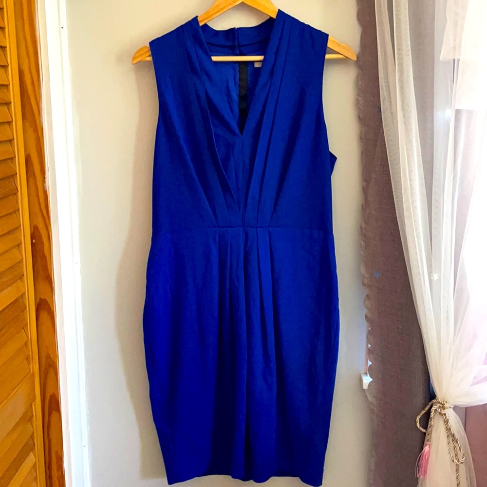 H&M blue v neck dress with pleats and body con skirt